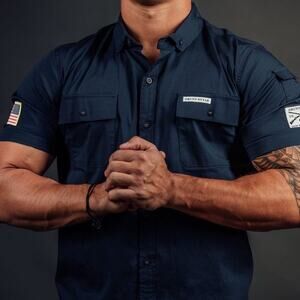 Grunt Style Garage Button Down shirt in dark blue with a US flag patch sz M